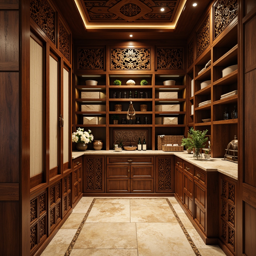 Prompt: Traditional Asian-inspired pantry, ornate wooden cabinetry, hand-carved intricate designs, rich walnut finishes, sliding rice paper doors, hidden storage compartments, natural stone countertops, woven bamboo accents, subtle LED lighting, warm golden tones, shallow depth of field, 1/2 composition, realistic textures, ambient occlusion.