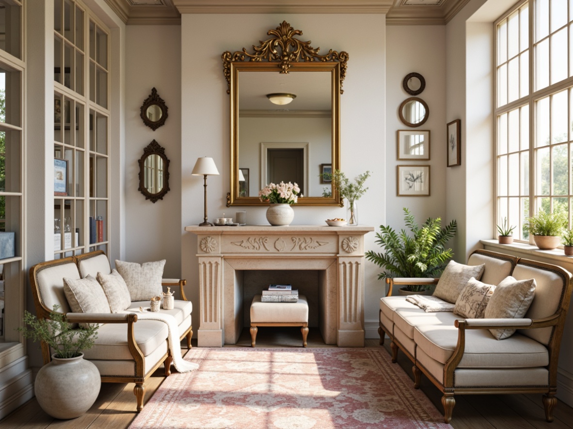 Prompt: Soft feminine accents, distressed finishes, vintage ornaments, pastel hues, creamy whites, warm beiges, pale blues, muted pinks, lavender shades, golden metallic accents, ornate mirrors, intricate carvings, lace details, floral patterns, rustic wood textures, worn leather upholstery, natural linen fabrics, sun-kissed lighting, warm candle glow, 1/1 composition, romantic atmosphere, soft focus, warm color grading.