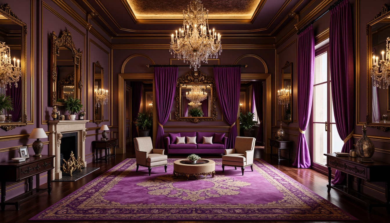 Prompt: Luxurious velvet fabrics, intricate gold embroidery, ornate brocade patterns, rich jewel-toned colors, lavish silk drapes, carved wooden furniture, gilded accents, ornamental mirrors, crystal chandeliers, majestic throne-like chairs, regal purple hues, opulent golden frames, soft warm lighting, dramatic shadows, intense color contrasts, highly ornamented walls, grandiose architectural elements.