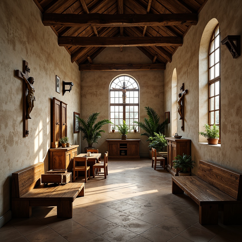 Prompt: Rustic monastery interior, distressed wood accents, worn stone walls, vaulted ceilings, stained glass windows, ornate wooden benches, intricately carved crucifixes, simple yet elegant furniture, solid oak tables, hand-hewn chairs, soft candlelight, warm beige tones, atmospheric shadows, shallow depth of field, 1/1 composition, realistic textures, ambient occlusion.