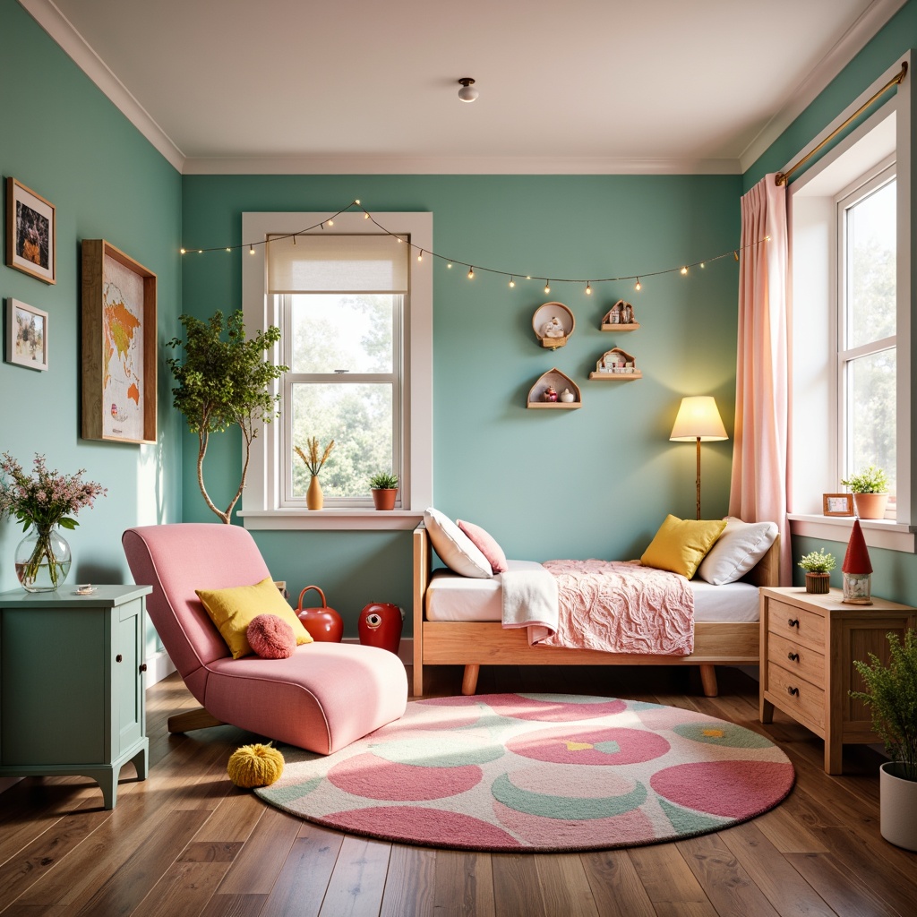 Prompt: Vibrant kids' bedroom, soft pastel colors, whimsical furniture, cozy reading nook, playful carpet patterns, gentle ambient lighting, string lights, table lamps, colorful lamp shades, softbox lights, warm white lighting, 1/2 composition, shallow depth of field, realistic textures, ambient occlusion.