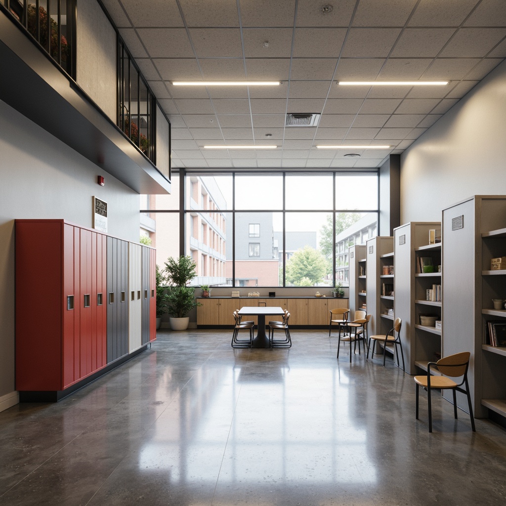 Prompt: Monochromatic high school interior, minimalist decor, bold color accents, sleek metal lockers, wooden chairs, polished floors, abundant natural light, floor-to-ceiling windows, modern lighting fixtures, geometric patterns, subtle texture contrasts, calm atmosphere, soft warm tones, 1/1 composition, realistic render, ambient occlusion.