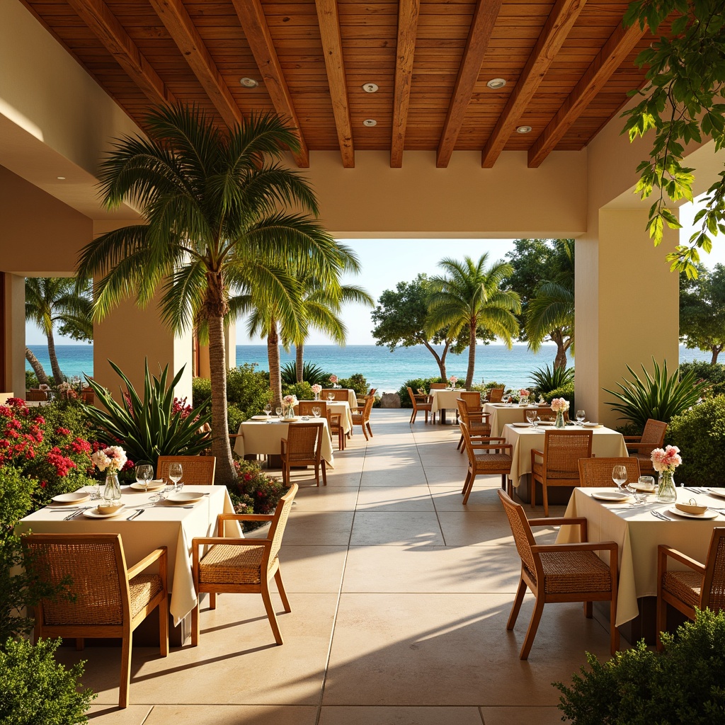 Prompt: Vibrant tropical dining hall, warm beige walls, rich wood accents, lush greenery, exotic palm trees, colorful floral arrangements, turquoise ocean views, coral-inspired decorative elements, woven rattan furniture, natural linen textiles, sunny yellow lighting, soft warm glow, shallow depth of field, 1/1 composition, realistic textures, ambient occlusion.