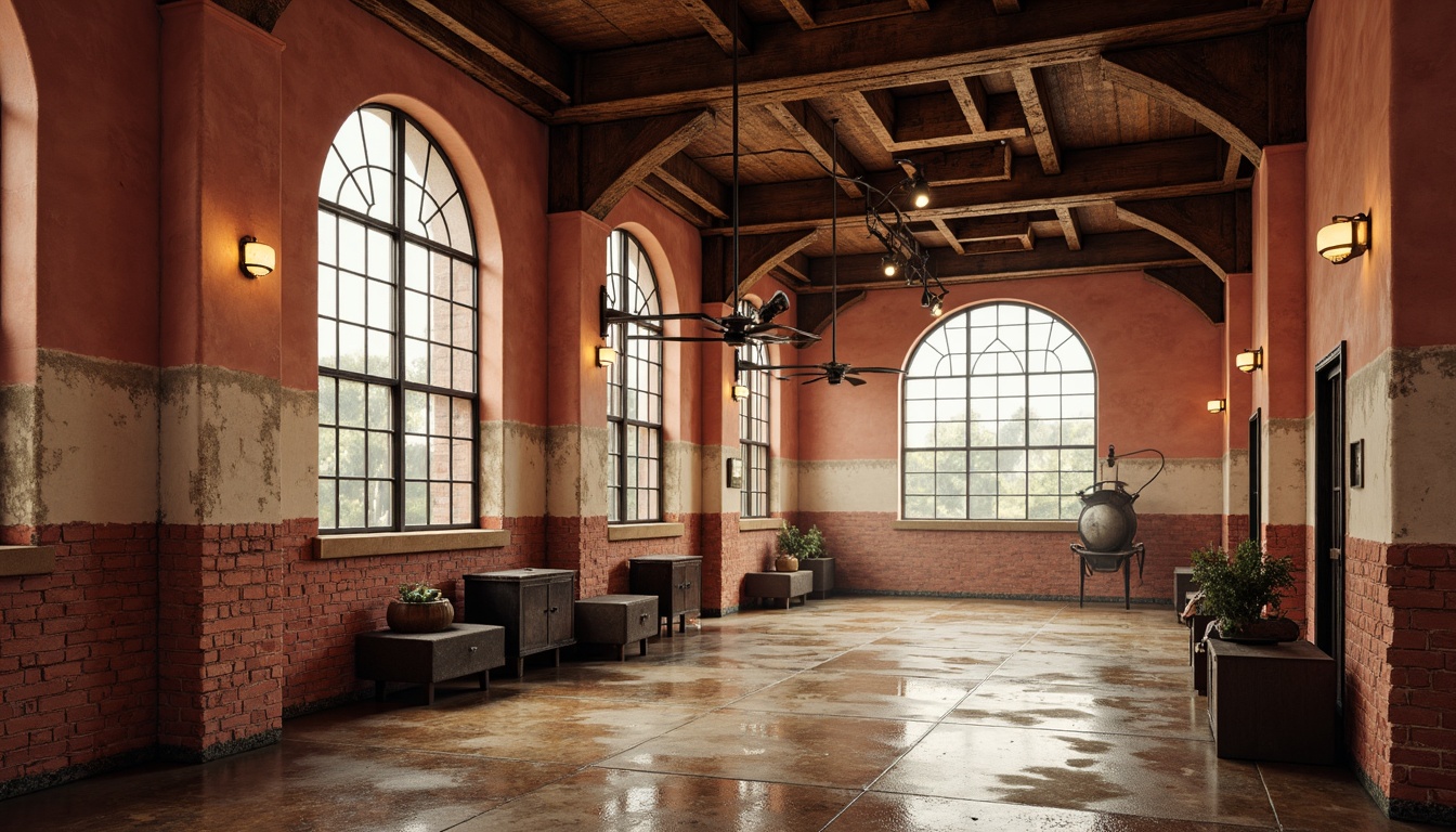 Prompt: Warm coral hues, soft cream accents, rich terracotta tones, industrial metal beams, distressed brick walls, ornate neoclassical columns, elegant archways, refined stucco textures, subtle rust patina, vintage factory windows, worn wooden floors, nostalgic machinery parts, atmospheric misty lighting, cinematic low-key shadows, 1-point perspective composition, realistic weathered materials, ambient occlusion.