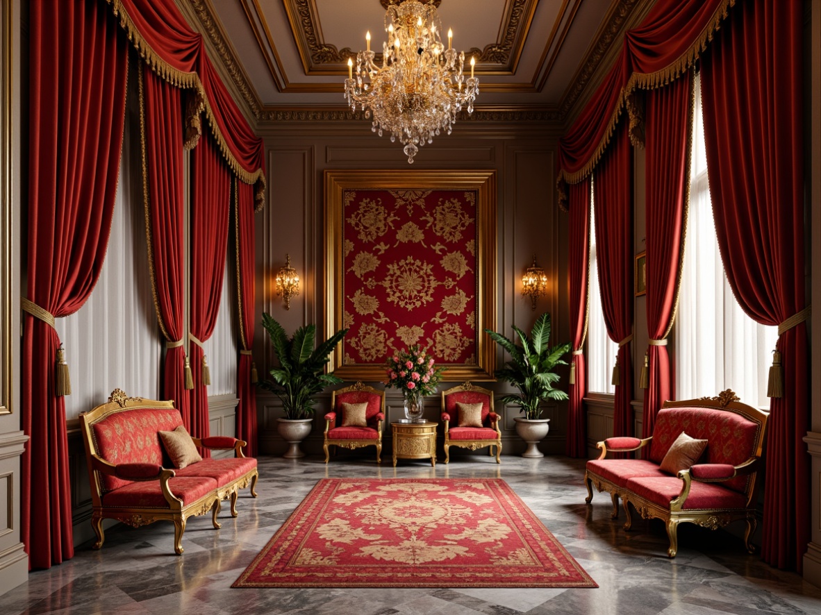 Prompt: Luxurious velvet drapes, intricate golden embroidery, richly patterned silk fabrics, ornate tassels, lavish furnishings, opulent throne-like chairs, gilded wooden frames, grandiose crystal chandeliers, dramatic red and gold color scheme, heavy damask patterns, regal atmosphere, highly ornamented decorations, exquisite marble floors, soft warm lighting, shallow depth of field, 1/1 composition, realistic textures, ambient occlusion.