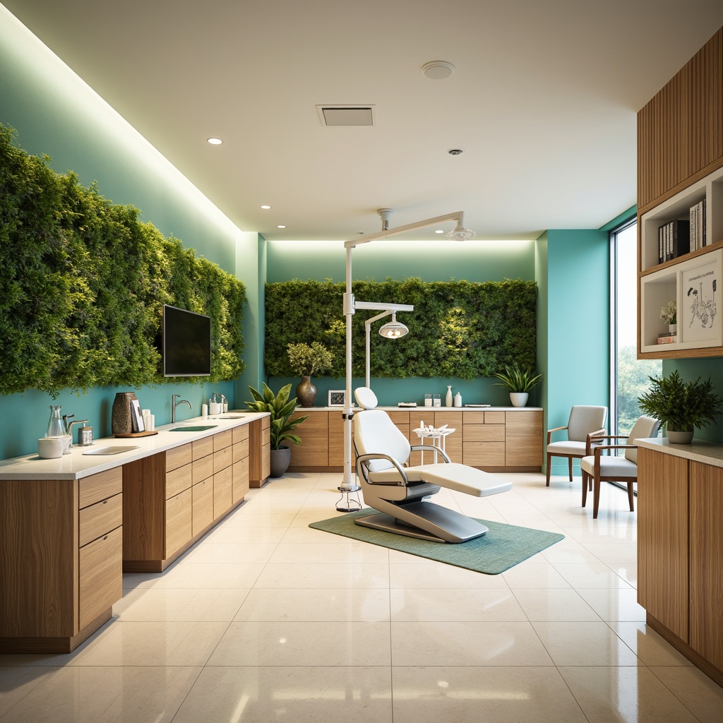 Prompt: Calming dental clinic, soft pastel colors, gentle turquoise accents, creamy whites, warm beige tones, natural wood textures, sleek metal equipment, modern minimalist decor, abundance of greenery, living walls, soothing ambient lighting, shallow depth of field, 1/1 composition, realistic reflections, subtle gradient overlays.