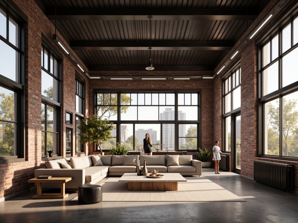 Prompt: Exposed brick walls, industrial metal beams, minimalist decor, monochromatic color scheme, natural textiles, reclaimed wood accents, sleek lines, urban chic atmosphere, soft warm glow, indirect lighting, LED strip lights, floor-to-ceiling windows, abundant natural light, subtle shadows, low-key ambiance, 1/1 composition, realistic renderings, ambient occlusion.