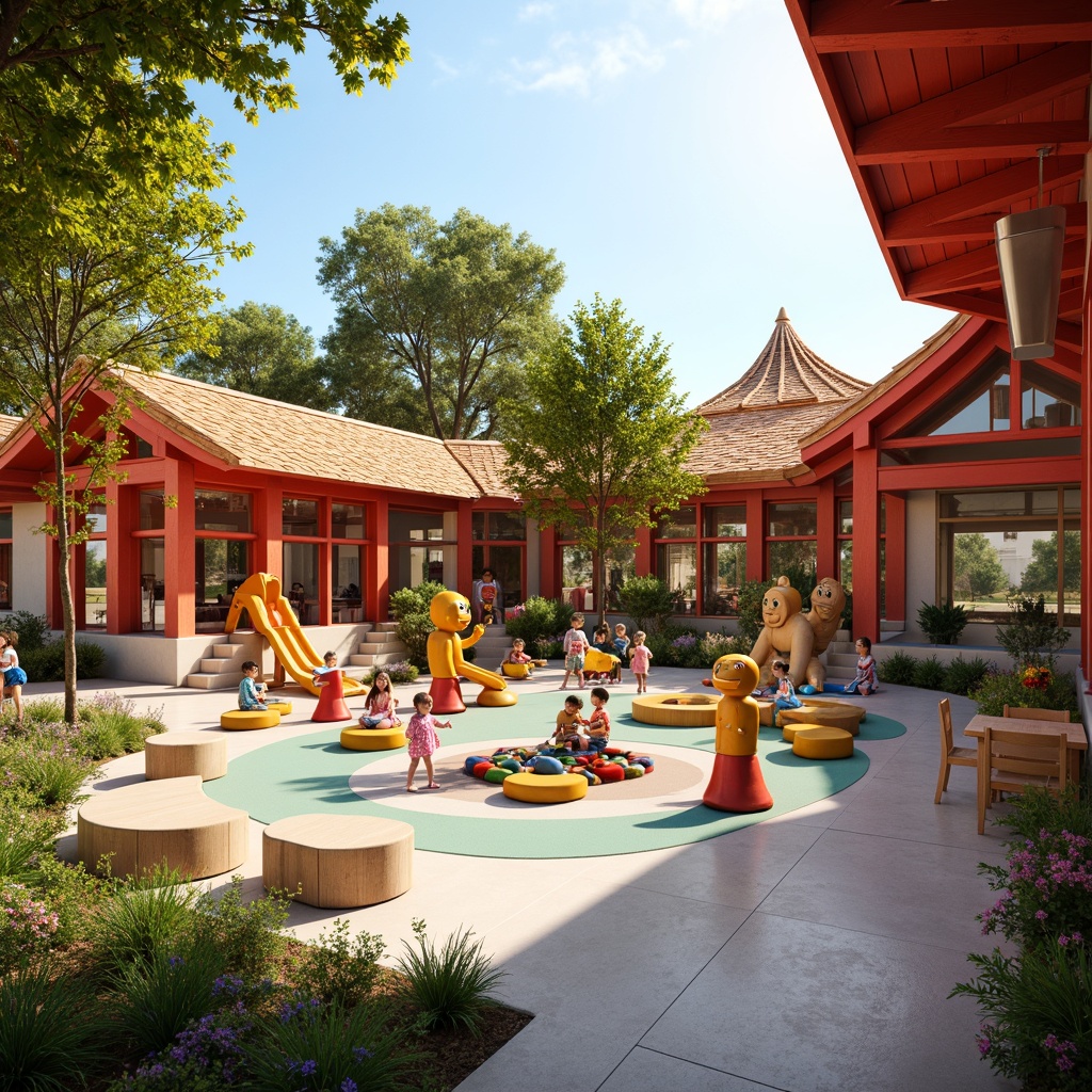 Prompt: Vibrant kindergarten playground, Asian-inspired architecture, curved lines, pagoda-style roofs, bold red accents, natural wood structures, colorful lanterns, soft greenery, playful mascots, interactive playsets, sensory stimulation zones, musical instruments, bubble areas, ball pits, climbing nets, wavy slides, cozy reading nooks, educational murals, Asian-themed decorations, lively sound effects, warm lighting, shallow depth of field, 3/4 composition, realistic textures, ambient occlusion.