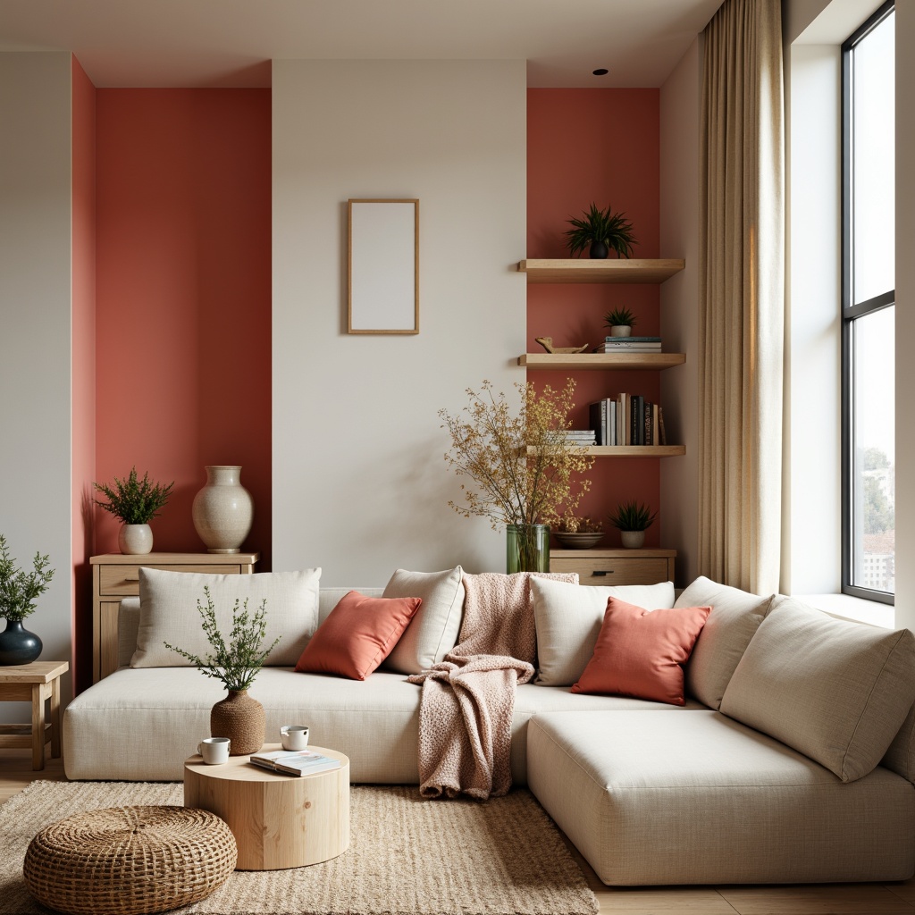 Prompt: Calming interior atmosphere, soft pastel hues, warm beige tones, rich wood accents, creamy whites, deep blues, vibrant coral pops, natural textiles, woven fibers, earthy terracotta, matte finishes, subtle gradient effects, layered lighting, cozy reading nooks, plush furnishings, minimalist decor, Scandinavian-inspired design, 1/1 composition, soft focus, ambient shadows, realistic reflections.