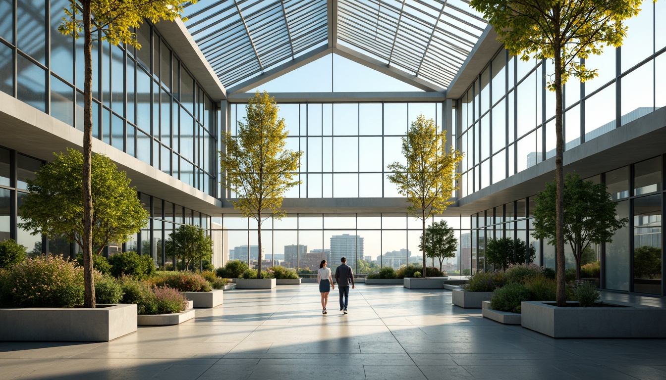 Prompt: Natural light-filled atrium, transparent glass roof, prismatic skylights, clerestory windows, translucent walls, LED lighting systems, sustainable energy-efficient solutions, modern minimalist interior design, polished concrete floors, reflective metal surfaces, green roofs, urban cityscape views, warm afternoon sunlight, soft diffused illumination, shallow depth of field, 3/4 composition, panoramic view, realistic textures, ambient occlusion.