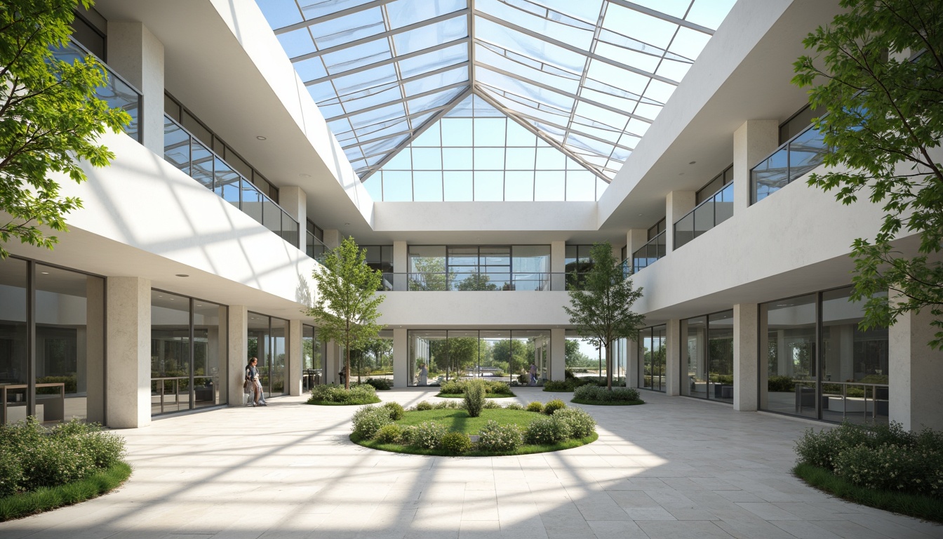 Prompt: Natural light-filled atrium, transparent glass roofs, clerestory windows, minimal shading devices, bright interior spaces, reflective white walls, polished marble floors, open-plan layout, green roofs, solar tubes, prismatic skylights, diffused soft lighting, 1/1 composition, shallow depth of field, realistic textures, ambient occlusion.