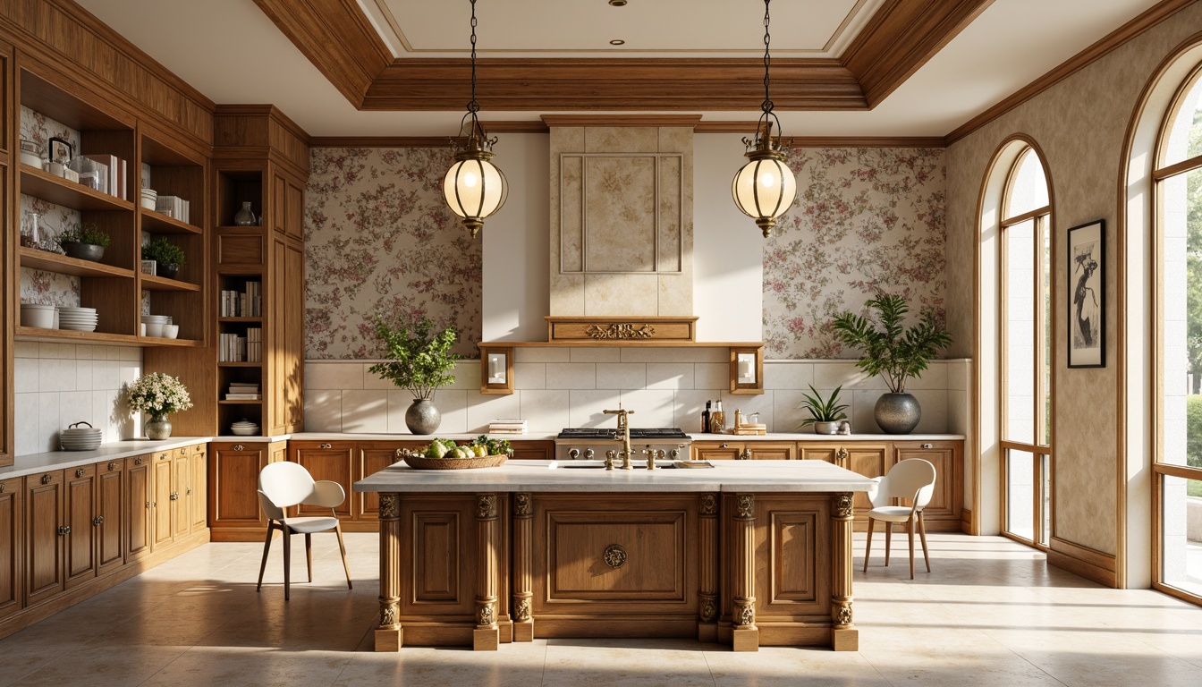 Prompt: Elegant kitchen island, ornate cabinetry, intricate marble backsplash, golden hardware fixtures, rich wood tones, lavish pendant lighting, soft cream countertops, decorative tile inlays, floral patterned wallpaper, warm beige flooring, large windows, natural light pouring in, 3/4 composition, shallow depth of field, realistic textures, ambient occlusion.