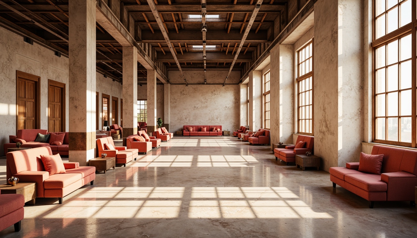 Prompt: Warm coral hues, soft peach tones, creamy whites, rich gold accents, industrial metal beams, distressed brick walls, vintage factory windows, neoclassical columns, ornate moldings, luxurious velvet fabrics, intricate marble patterns, warm golden lighting, shallow depth of field, 1/1 composition, realistic textures, ambient occlusion.