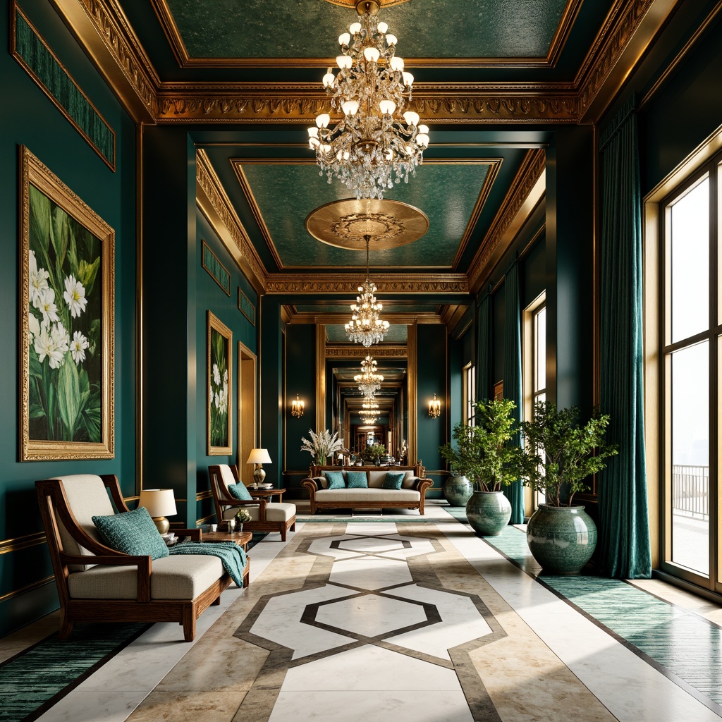 Prompt: Luxurious great room, opulent Art Deco style, rich jewel tones, emerald green walls, navy blue accents, metallic gold leafing, creamy white marble floors, geometric patterns, ornate furnishings, velvet drapes, crystal chandeliers, warm golden lighting, high ceilings, ornamental mirrors, lavish textiles, bold black outlines, vintage glamour, sophisticated ambiance, shallow depth of field, 1/2 composition, dramatic shadows, realistic reflections.