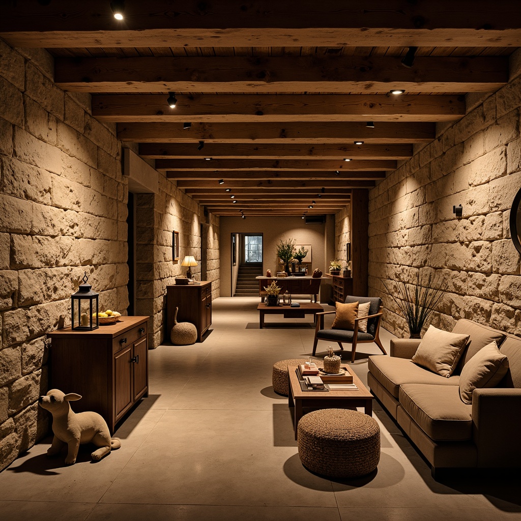 Prompt: Rustic basement, exposed wooden beams, natural stone walls, earthy color palette, warm ambient lighting, cozy atmosphere, plush furnishings, vintage decorative items, distressed wood accents, metal lanterns, industrial-chic decor, rough-hewn textures, organic shapes, nature-inspired elements, soft warm glow, shallow depth of field, 3/4 composition, panoramic view.