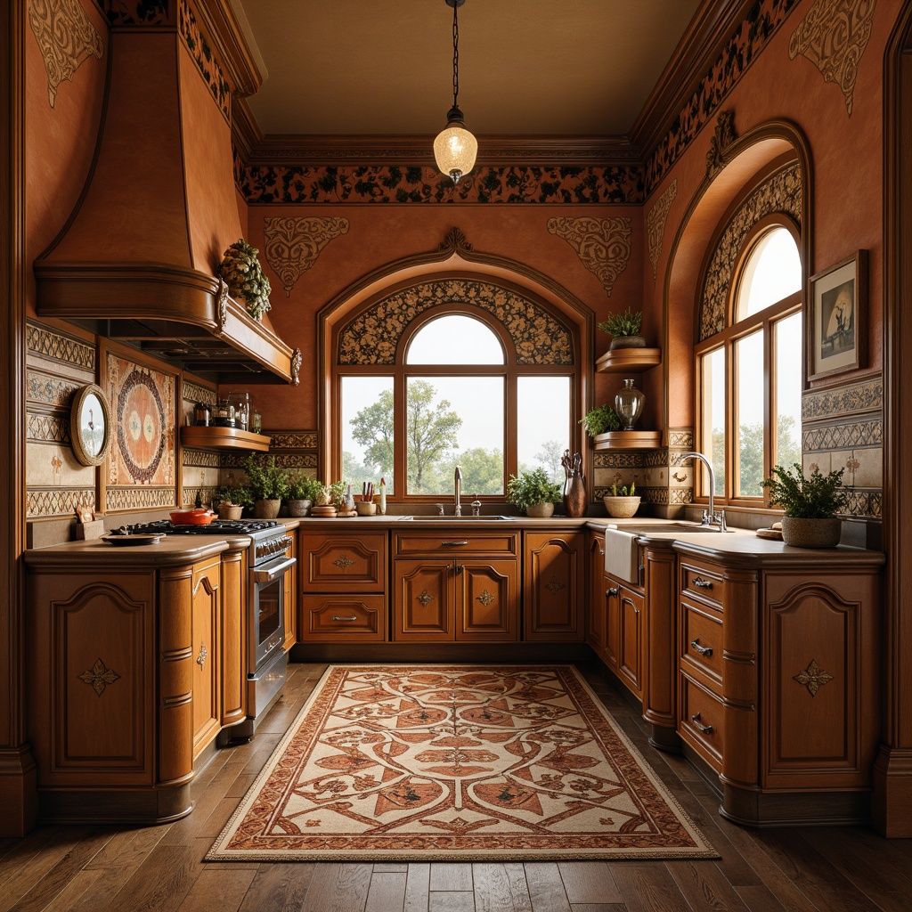 Prompt: Art Nouveau kitchen, ornate cabinetry, curved lines, flowing patterns, warm earthy tones, rich wood flooring, distressed oak planks, inlaid mosaics, terracotta tiles, Moroccan-inspired zellige, geometric shapes, soft warm lighting, shallow depth of field, 3/4 composition, panoramic view, realistic textures, ambient occlusion.