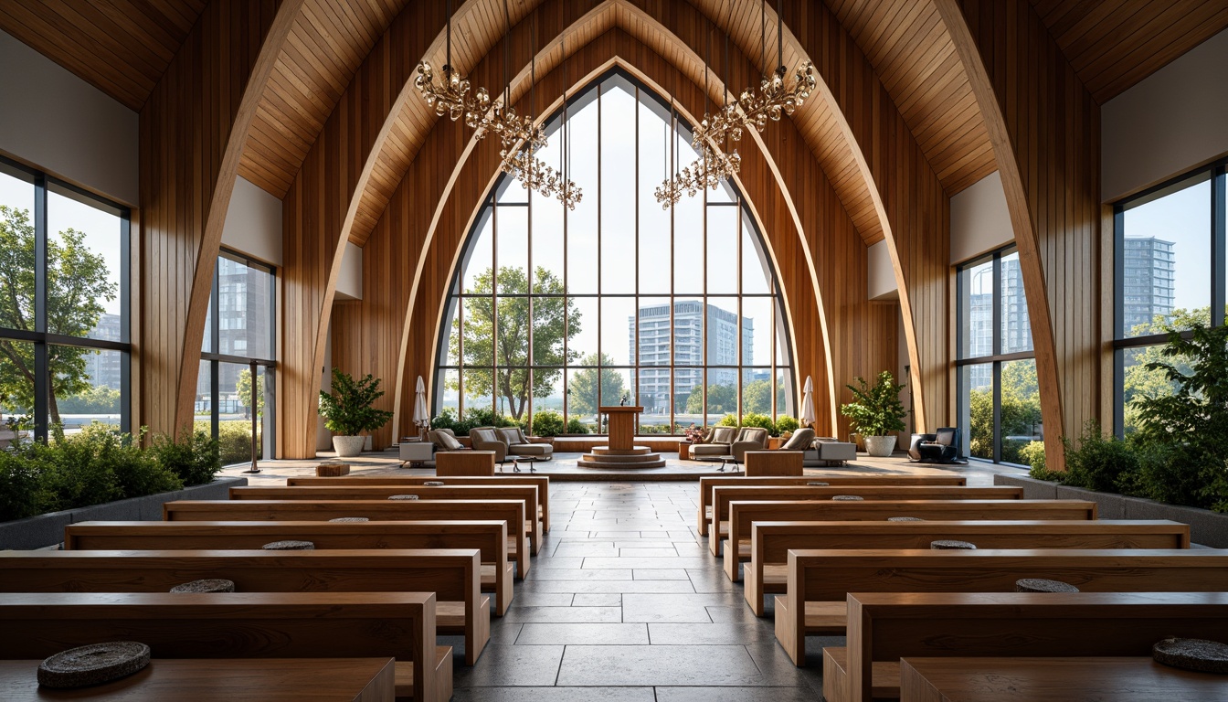 Prompt: Modern church interior, minimalist altar, natural stone flooring, wooden pews, stained glass windows, abstract chandeliers, soft warm lighting, shallow depth of field, 3/4 composition, panoramic view, realistic textures, ambient occlusion, open ceiling, exposed ductwork, industrial chic aesthetic, reclaimed wood accents, living green walls, floor-to-ceiling windows, urban landscape views, bustling city surroundings, dramatic architectural curves, innovative seating arrangements, communal gathering spaces, sacred symbols, spiritual ambiance.