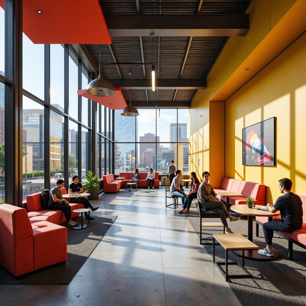 Prompt: Vibrant student lounge, modern minimalist architecture, bright color scheme, bold geometric patterns, sleek metal accents, polished concrete floors, floor-to-ceiling windows, natural light pouring in, cozy seating areas, collaborative workspaces, trendy lighting fixtures, energetic atmosphere, youthful vibe, abstract artwork, urban landscape views, dynamic camera angles, shallow depth of field, 2/3 composition, cinematic lighting, realistic textures, ambient occlusion.