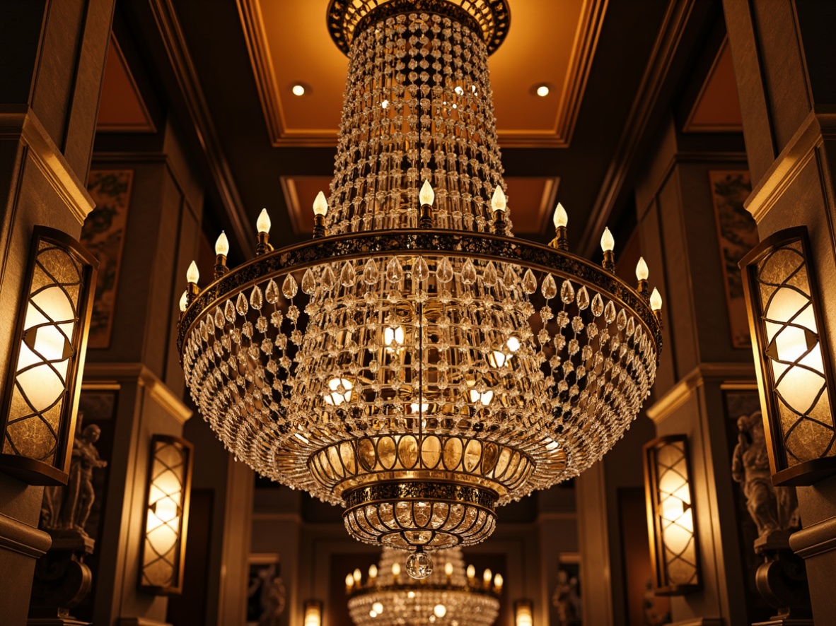 Prompt: Opulent chandeliers, geometric metalwork, crystal droplets, ornate sconces, luxurious materials, metallic finishes, glossy accents, vibrant colors, angular lines, symmetrical compositions, glamorous ambiance, warm soft lighting, subtle shading, 1/1 composition, realistic reflections, intricate details, art deco patterns, flapper-inspired motifs.