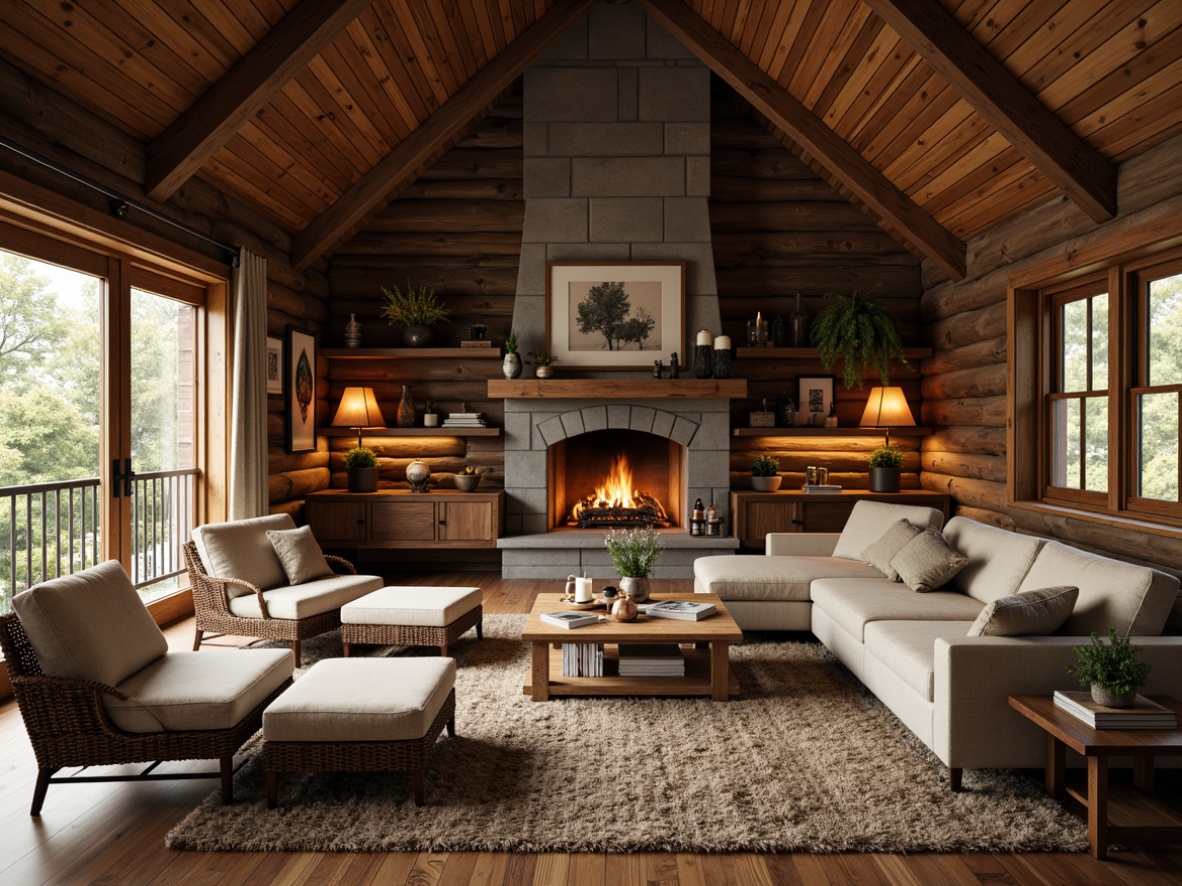 Prompt: Rustic cabin, wooden accents, natural stone walls, earthy tones, distressed wood planks, reclaimed barnwood, vintage metal decor, warm candlelight, cozy fireplace, plush area rugs, woven wicker furniture, natural linen fabrics, soft warm lighting, shallow depth of field, 3/4 composition, panoramic view, realistic textures, ambient occlusion.