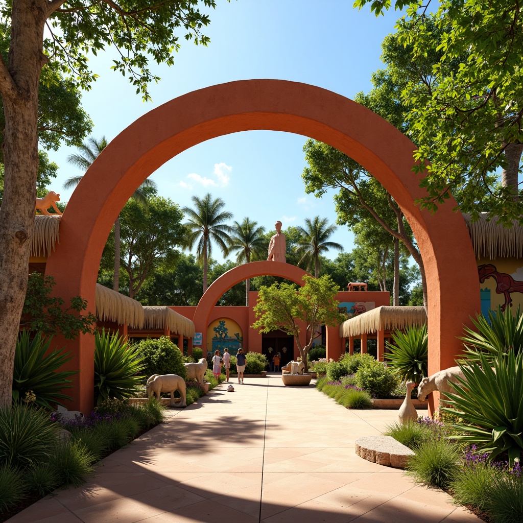 Prompt: Vibrant zoo entrance, lush greenery, exotic tropical plants, natural wood accents, earthy terracotta walls, playful animal sculptures, colorful murals, sunny day, warm soft lighting, shallow depth of field, 1/1 composition, realistic textures, ambient occlusion, wild savannah landscape, African-inspired patterns, bold bright colors, fun whimsical fonts.