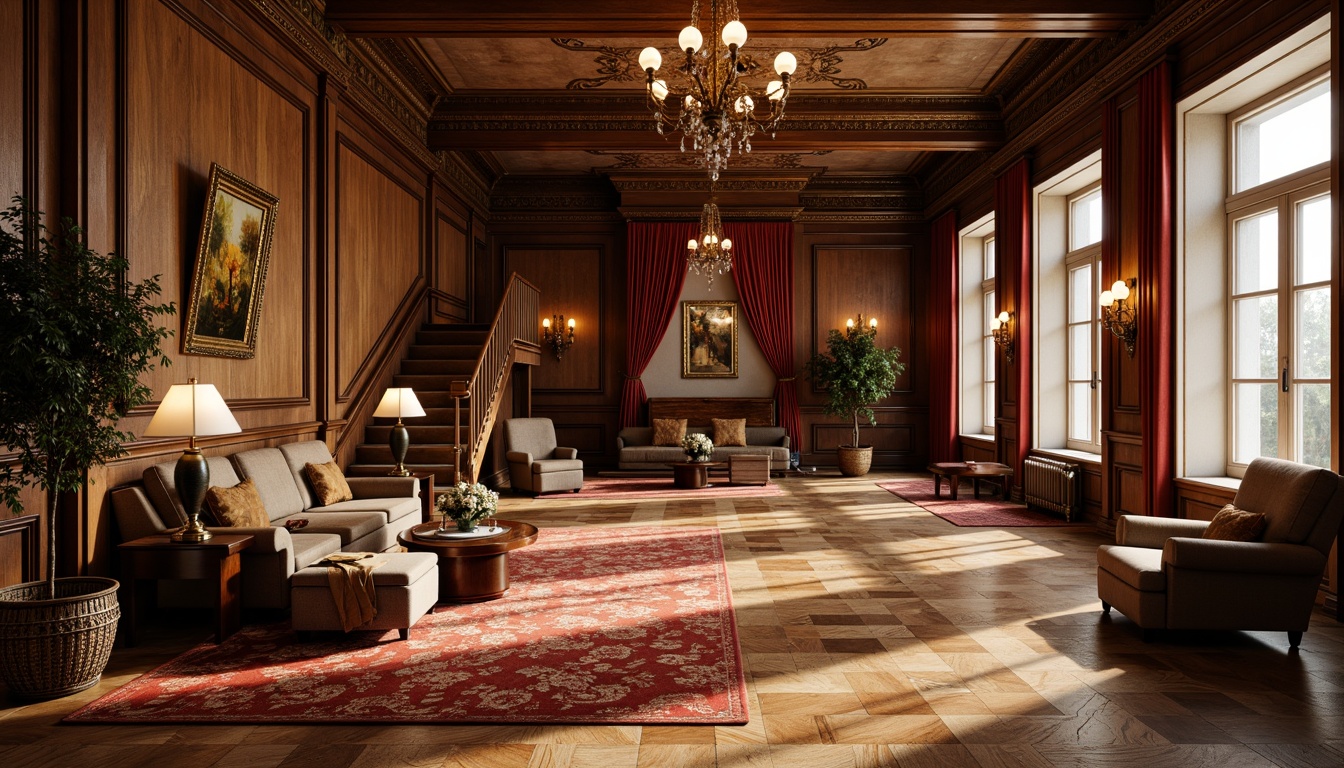 Prompt: \Richly patterned parquet flooring, ornate hardwood inlays, warm walnut tones, intricate ceramic tiles, plush area rugs, opulent velvet fabrics, grandiose staircases, lavish drapery, stately furnishings, classic furniture silhouettes, soft golden lighting, dramatic ceiling heights, 3/4 composition, atmospheric perspective, realistic textures, ambient occlusion.\