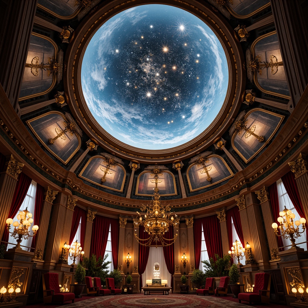 Prompt: \Grandiose planetarium, Victorian-style architecture, ornate chandeliers, intricate moldings, celestial-inspired frescoes, starry night sky projections, majestic domed ceiling, regal velvet drapes, gilded accents, luxurious fabrics, rich wood paneling, ornamental metalwork, dramatic lighting effects, 3/4 composition, low-angle shot, cinematic atmosphere, mystical ambiance.\