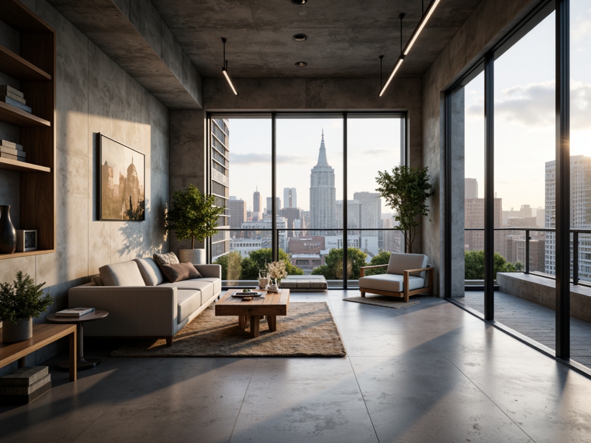 Prompt: Minimalist interior, sleek lines, industrial chic, polished concrete floors, metallic accents, reclaimed wood furniture, low-pile rugs, monochromatic color scheme, floor-to-ceiling windows, sliding glass doors, urban cityscape views, warm LED lighting, shallow depth of field, 1/1 composition, realistic textures, ambient occlusion.