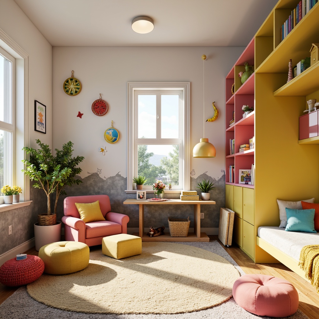 Prompt: Vibrant kids' room, whimsical furniture, playful colors, storage units, bookshelves, cozy reading nooks, soft cushions, educational wall decals, interactive toys, kid-friendly materials, rounded edges, safety features, natural light, warm color tones, shallow depth of field, 1/1 composition, panoramic view, realistic textures, ambient occlusion.