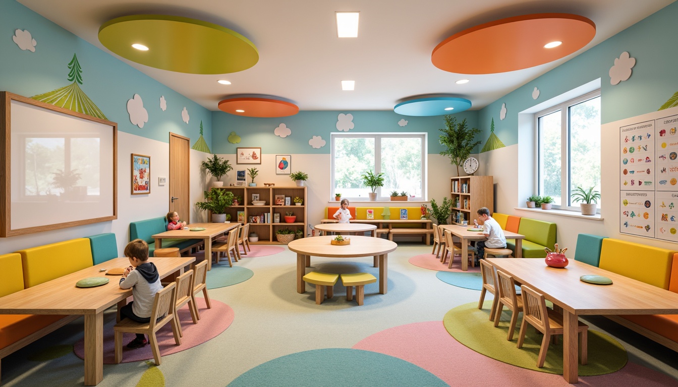 Prompt: Vibrant kindergarten classroom, colorful wall decals, playful furniture shapes, sturdy wooden tables, ergonomic chairs, soft cushioned sofas, pastel-hued carpets, whimsical lighting fixtures, geometric-shaped bookshelves, interactive whiteboards, educational posters, cozy reading nooks, circular gathering areas, natural wood accents, rounded edges, safety-focused design, bright airy atmosphere, warm indirect lighting, shallow depth of field, 1/1 composition, realistic textures, ambient occlusion.