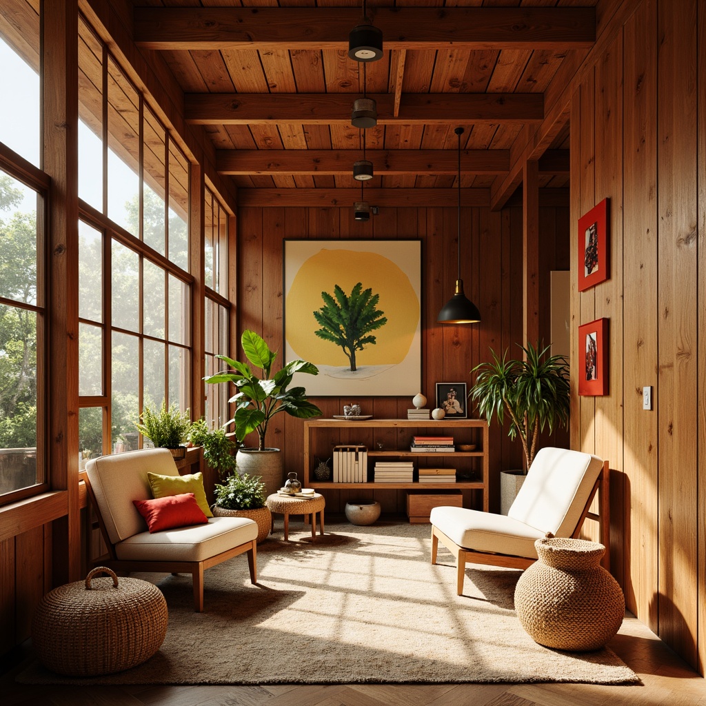 Prompt: Retro-chic interior, warm earthy tones, rich wood accents, organic shapes, geometric patterns, bold color blocking, statement lighting fixtures, sleek metal details, natural textiles, woven baskets, vintage decorative accessories, sun-drenched windows, soft warm glow, shallow depth of field, 1/1 composition, realistic textures, ambient occlusion.