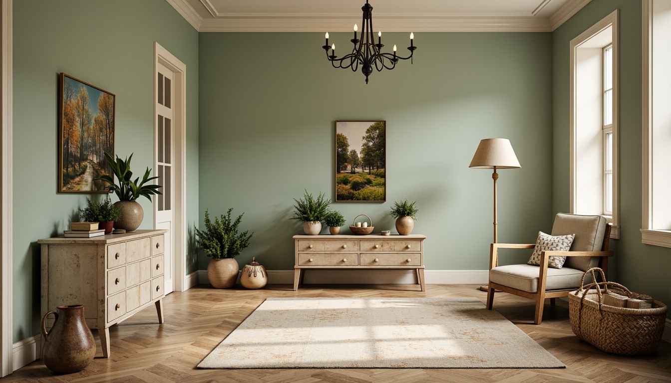 Prompt: Soft celadon walls, warm beige floors, elegant crown molding, subtle cream accents, distressed wood furniture, vintage decorative pieces, lush greenery, natural textiles, woven baskets, earthy terracotta vases, gentle warm lighting, 1/2 composition, intimate cozy atmosphere, soft focus blur, realistic render.