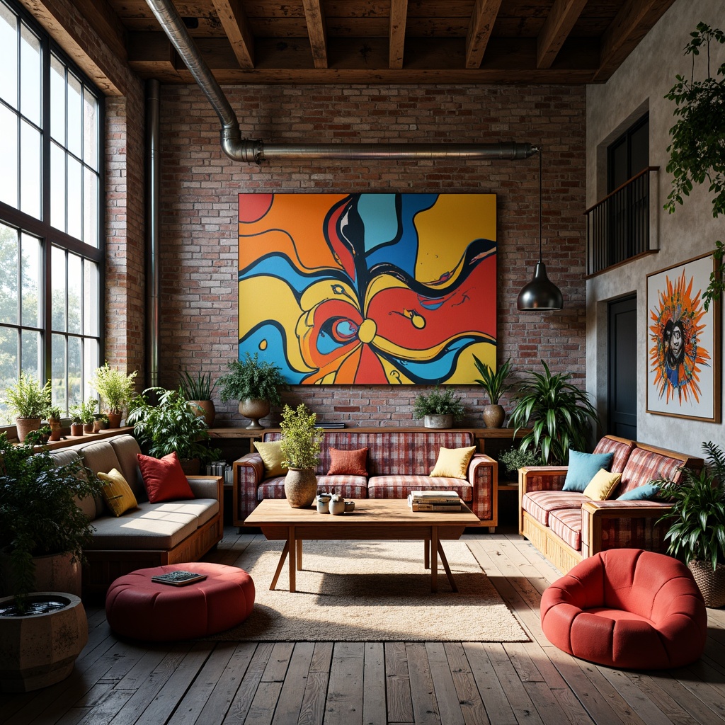 Prompt: Vibrant Expressionism art studio, eclectic furniture pieces, bold color palette, abstract artwork, geometric patterns, irregular shapes, asymmetrical compositions, industrial metal accents, reclaimed wood floors, exposed brick walls, dramatic ceiling heights, oversized windows, natural light flooding, moody atmospheric lighting, softbox shadows, 1/2 composition, cinematic framing, textured surfaces, grungy details, artistic freedom.