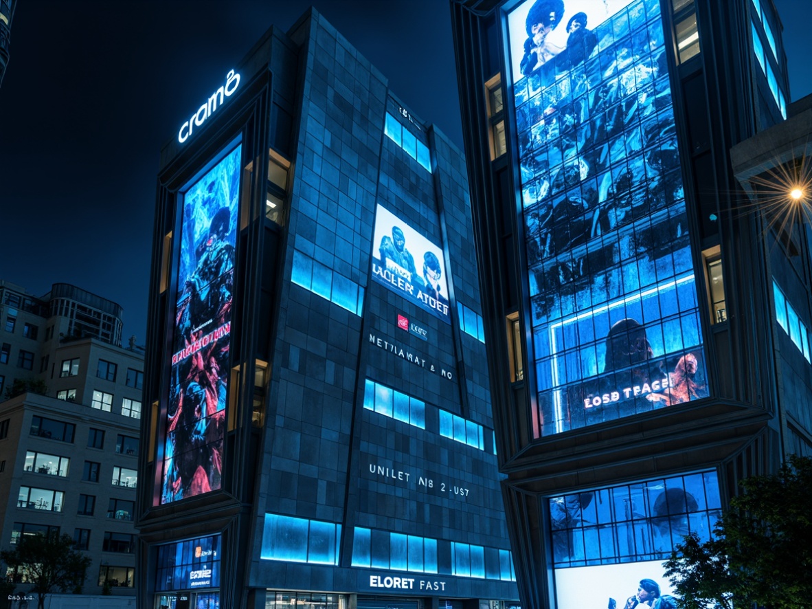 Prompt: Futuristic skyscraper, metallic exterior, neon lights, holographic advertisements, sleek curves, angular lines, iridescent glass facades, matte black accents, polished chrome details, luminescent LED strips, translucent concrete walls, dynamic cantilevered structures, atmospheric misting systems, vibrant electric blue hues, stark white highlights, dark shadows, cinematic 3/4 composition, low-angle shot, dramatic backlighting.