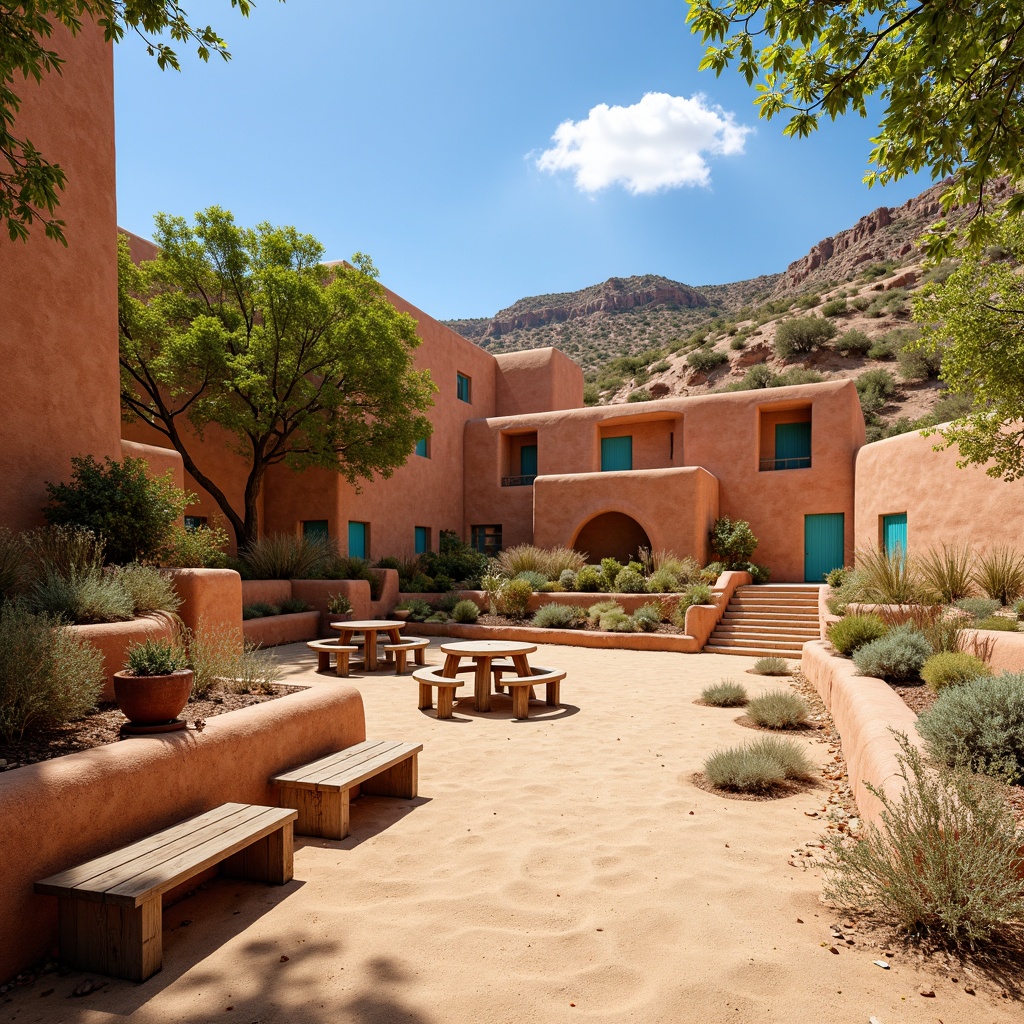 Prompt: Warm sandy amphitheater, Southwestern desert landscape, vibrant turquoise accents, earthy terracotta walls, rustic wooden benches, natural stone steps, lush greenery, cacti plants, bright sunny day, clear blue sky, warm soft lighting, shallow depth of field, 3/4 composition, panoramic view, realistic textures, ambient occlusion.