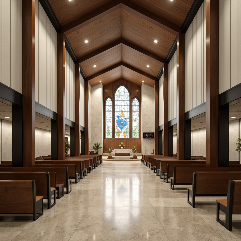 Prompt: Modern church interior, minimalist aesthetic, sleek wood accents, polished concrete floors, matte black metal frames, frosted glass partitions, neutral color palette, ambient lighting, subtle texture variations, abstract stained-glass windows, geometric patterns, sacred symbols, vaulted ceilings, open floor plans, natural stone walls, LED lighting systems, warm beige tones, serene atmosphere, 1/1 composition, low-key illumination, realistic reflections.