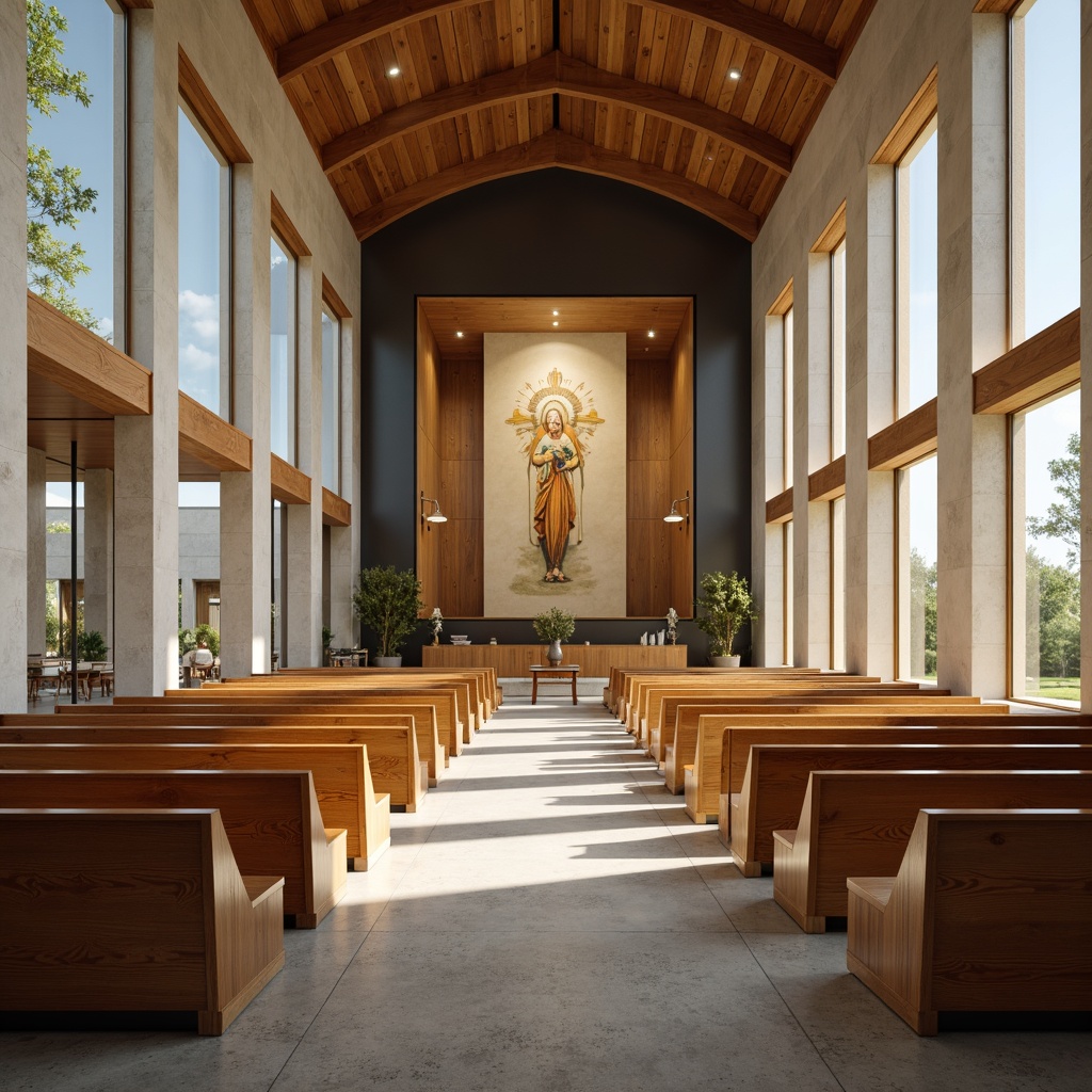 Prompt: Modern church interior, minimalist decor, sleek wooden pews, polished concrete floors, warm natural lighting, stained glass windows, abstract spiritual artwork, neutral color palette, matte metal accents, smooth stone walls, subtle texture variations, serene ambiance, soft focus photography, shallow depth of field, 1/1 composition, realistic material reflections.