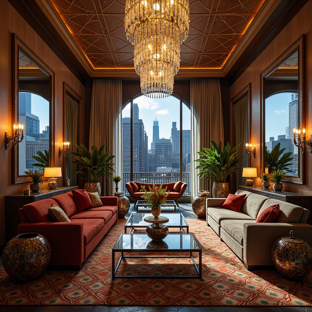 Prompt: Luxurious great room, opulent furnishings, Art Deco style, geometric patterns, metallic accents, velvet sofas, tufted armchairs, marble coffee tables, ornate mirrors, crystal chandeliers, rich wood paneling, bold color schemes, lavish textiles, luxurious rugs, statement lighting fixtures, sculptural vases, exotic plants, urban skyline views, sophisticated ambiance, cinematic lighting, 1/2 composition, shallow depth of field.