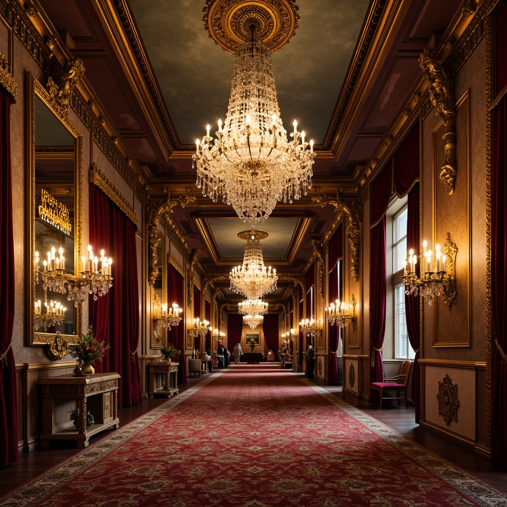 Prompt: Opulent chandeliers, crystal droplets, golden accents, ornate metalwork, lavish candelabras, rich velvet drapes, intricate carvings, gilded moldings, ornamental mirrors, grandiose ceilings, luxurious fabrics, warm soft lighting, dramatic shadowing, 1/2 composition, symmetrical arrangement, realistic reflections, ambient occlusion.