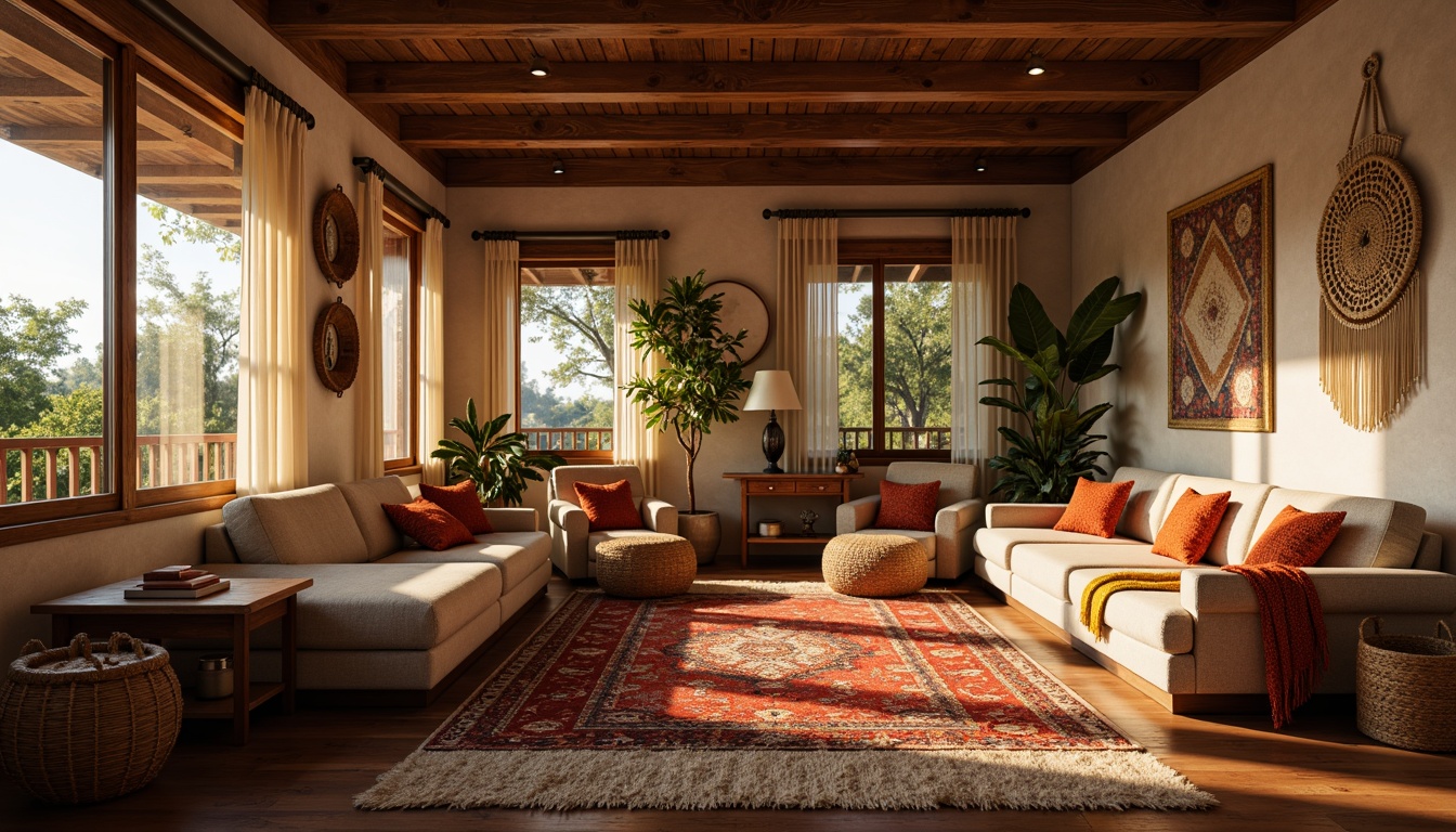 Prompt: Cozy living room, plush sofas, velvety cushions, soft blankets, warm lighting, earthy tones, natural fabrics, woven baskets, macrame wall hangings, Moroccan-inspired patterns, vibrant colorful throw pillows, luxurious rugs, shaggy textures, inviting atmosphere, relaxed ambiance, 1/1 composition, shallow depth of field, warm golden lighting.