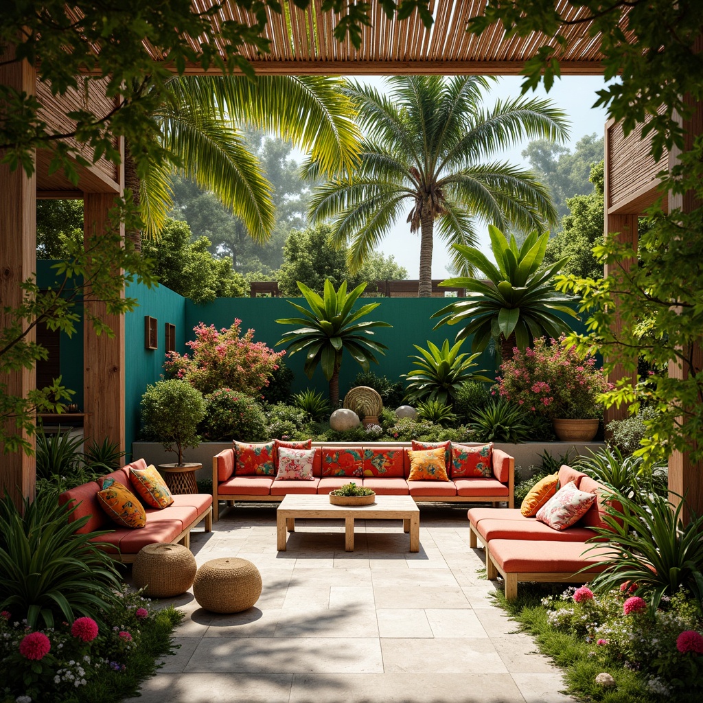 Prompt: Vibrant tropical flowers, lush greenery, palm trees, wooden accents, rattan furniture, colorful textiles, woven baskets, natural fibers, bamboo decorations, shells, driftwood, coral patterns, bright turquoise hues, sunny warm lighting, shallow depth of field, 3/4 composition, panoramic view, realistic textures, ambient occlusion.