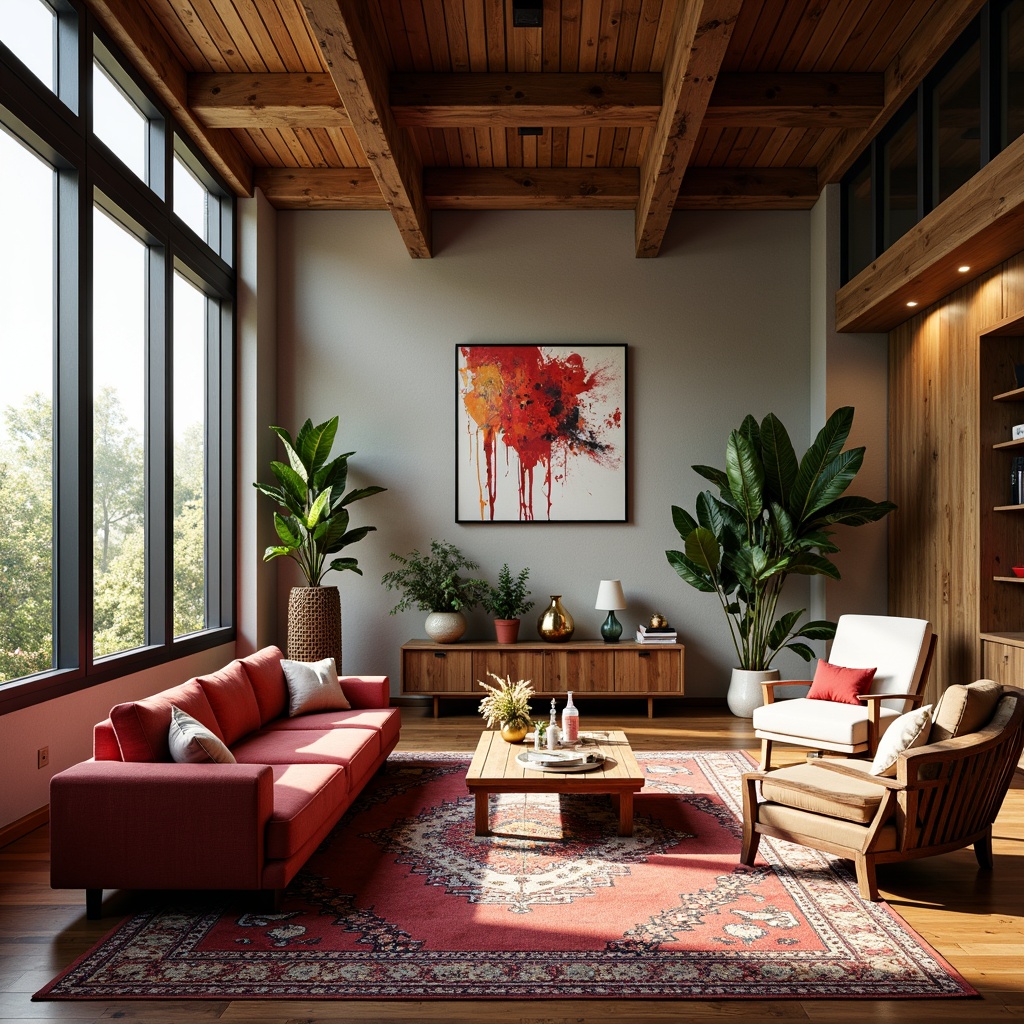 Prompt: Vibrant artistic studio, eclectic furniture, bohemian decor, bold color blocking, contrasting textures, statement lighting fixtures, modern abstract art pieces, rich wood accents, plush area rugs, floor-to-ceiling windows, natural light pouring in, warm cozy atmosphere, 1/1 composition, soft focus blur, realistic shadowing.