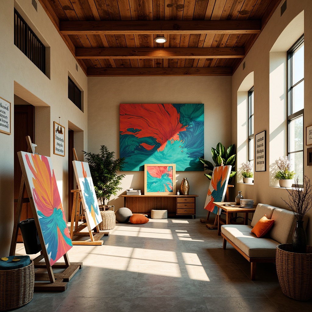 Prompt: \Vibrant art studio, eclectic color palette, bold brushstrokes, textured canvases, modern easels, artistic lighting, warm beige walls, rich wood accents, cozy seating areas, inspirational quotes, scattered paint tubes, abstract artwork, moody shadows, soft natural light, 1/1 composition, realistic textures, ambient occlusion.\