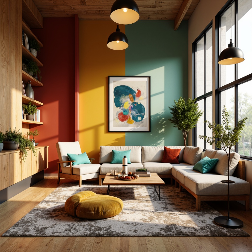 Prompt: Vibrant interior space, eclectic color scheme, bold accent walls, rich wood tones, soft pastel hues, metallic accents, natural textiles, cozy reading nooks, statement lighting fixtures, abstract artwork, oversized rugs, plush throw pillows, warm golden lighting, shallow depth of field, 1/1 composition, realistic textures, ambient occlusion.