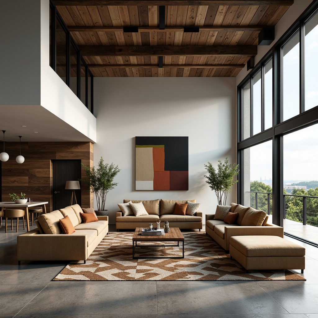 Prompt: Modern living room, sleek lines, minimalist decor, polished concrete floors, reclaimed wood accents, industrial metal beams, floor-to-ceiling windows, sliding glass doors, natural textiles, velvet sofas, geometric patterned rugs, abstract artwork, ambient lighting, softbox illumination, shallow depth of field, 3/4 composition, panoramic view, realistic textures, ambient occlusion.