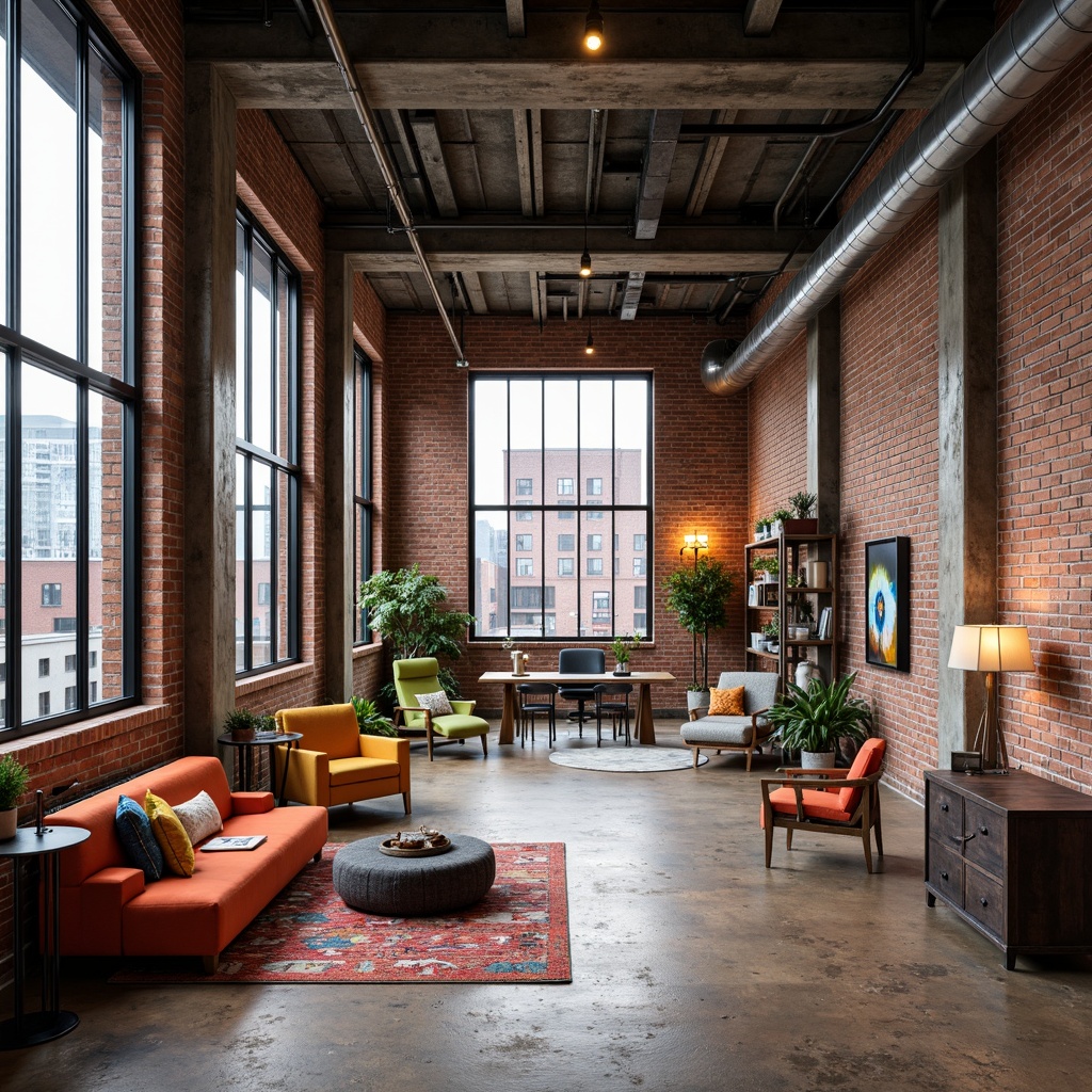 Prompt: Exposed brick walls, high ceilings, industrial pipes, metal beams, reclaimed wood floors, modern artwork, eclectic furniture, vibrant colorful accents, urban loft atmosphere, abundant natural light, large windows, steel doors, distressed finishes, raw concrete columns, postmodern architectural elements, abstract sculptures, edgy lighting fixtures, industrial chic decor, open floor plan, collaborative workspaces, flexible seating areas, minimalist storage solutions, sleek metal shelving units, urban cityscape views, cloudy day, soft warm lighting, shallow depth of field, 1/1 composition, realistic textures, ambient occlusion.