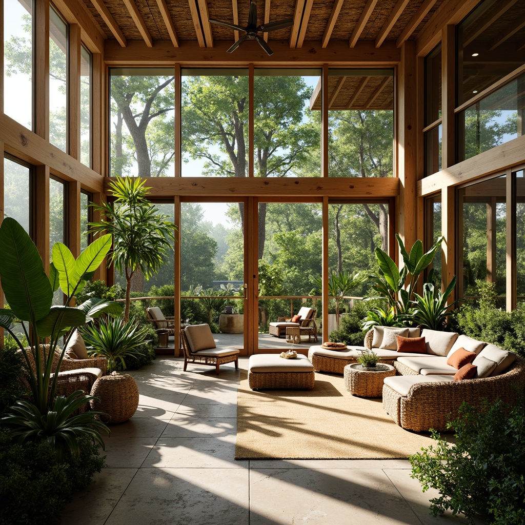 Prompt: Vibrant sunroom, lush greenery, exotic plants, natural stone flooring, wooden accents, floor-to-ceiling windows, sliding glass doors, warm sunny day, soft diffused lighting, 1/1 composition, intimate atmosphere, cozy textiles, rattan furniture, earthy tone colors, organic shapes, botanical patterns, tropical vibes, ambient humidity, misting systems.