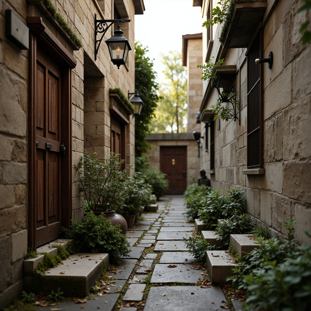 Prompt: Weathered stone walls, rusty metal accents, distressed wood textures, earthy brown tones, muted greenery, vintage lanterns, ornate iron gates, natural stone pathways, moss-covered gravestones, solemn memorial statues, soft warm lighting, shallow depth of field, 3/4 composition, panoramic view, realistic textures, ambient occlusion.