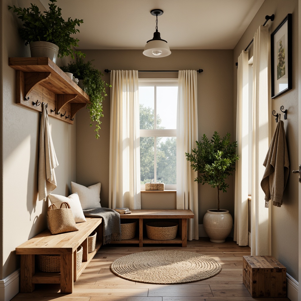 Prompt: Cozy mudroom, earthy tones, natural textures, wooden accents, rustic benches, woven baskets, warm beige walls, rich brown floors, soft cream curtains, calming greenery, nature-inspired artwork, vintage metal hooks, distressed wood shelves, industrial-chic lighting, warm ambient glow, shallow depth of field, 1/2 composition, realistic textures, subtle color gradations.