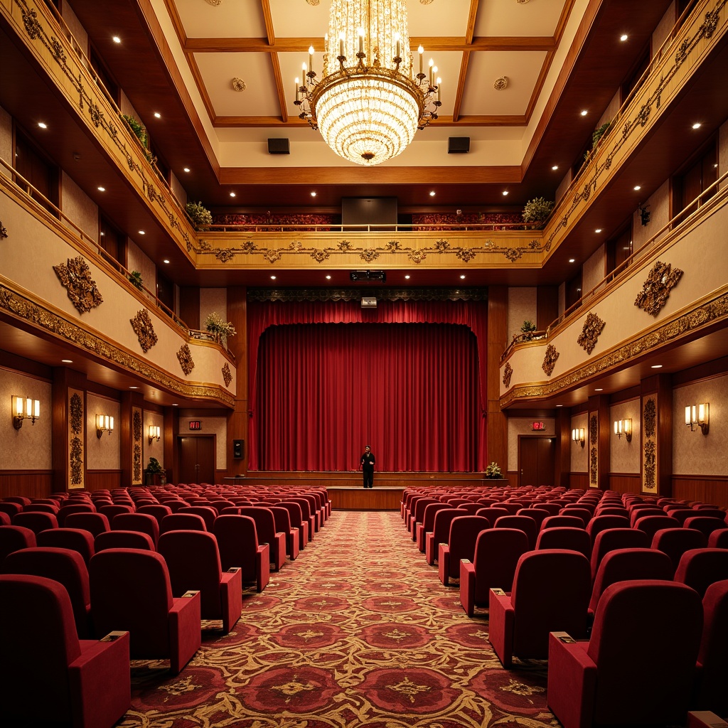 Prompt: Luxurious auditorium interior, plush velvet seats, intricate patterned carpets, acoustic paneling, rich wood tones, warm ambient lighting, dramatic chandelier, grand stage, red curtains, ornate balconies, gilded details, vibrant colorful textiles, abstract geometric motifs, soft upholstered walls, sound-absorbing materials, comfortable audience seating, elegant aisleways, sweeping arches, 1/2 composition, shallow depth of field, warm golden lighting.